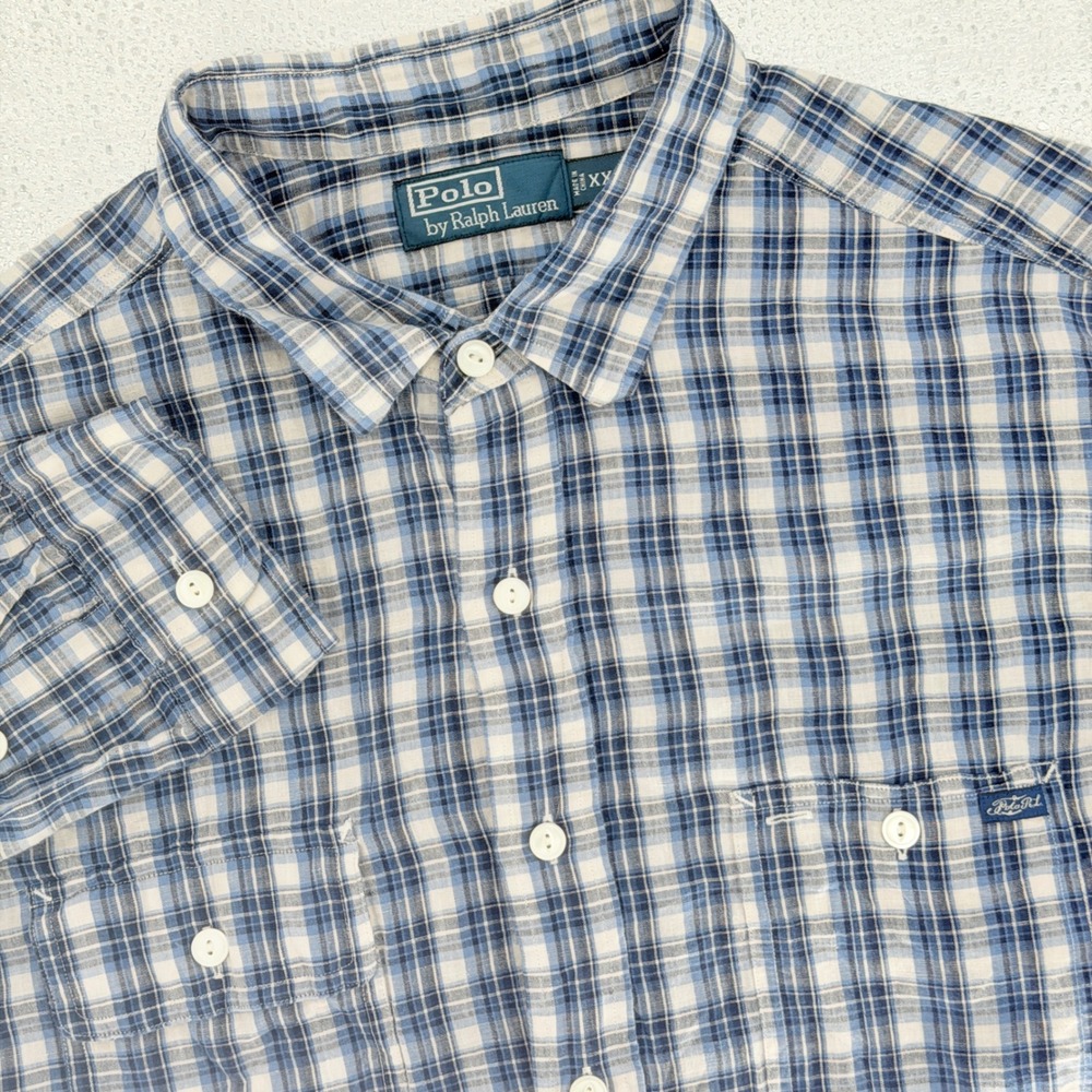 Vintage Polo Ralph Lauren Button Down Mens XXL Blue Plaid Linen Work Shirt Logo